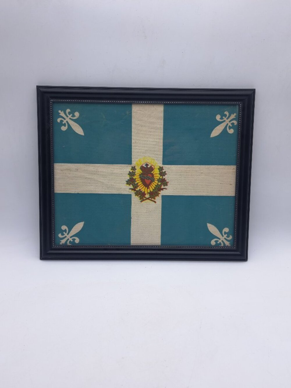 Antique Catholic Processional Flag Sacred Heart Carillon in Frame